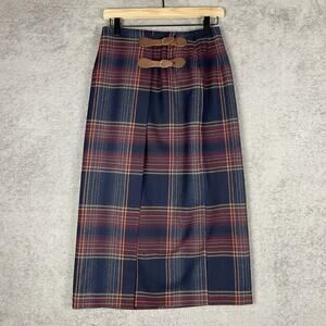 Talbots Skirt Womens 6 Petite Blue Red Plaid Buckle Wool Blend Lined Midi USA